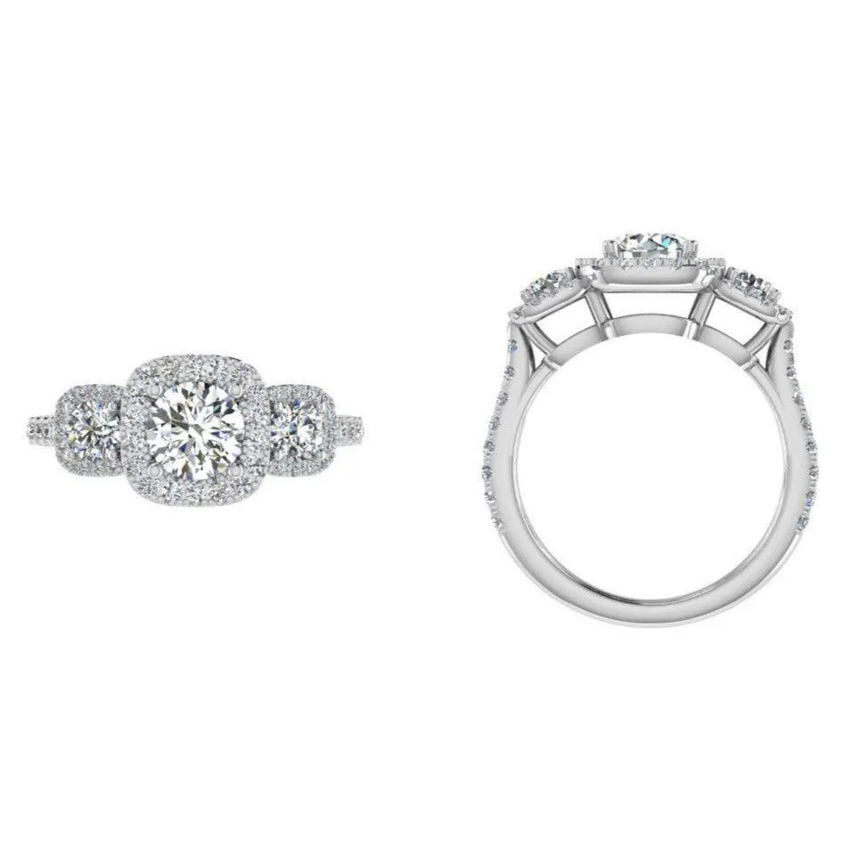 3 Stone Diamond Halo Engagement Ring