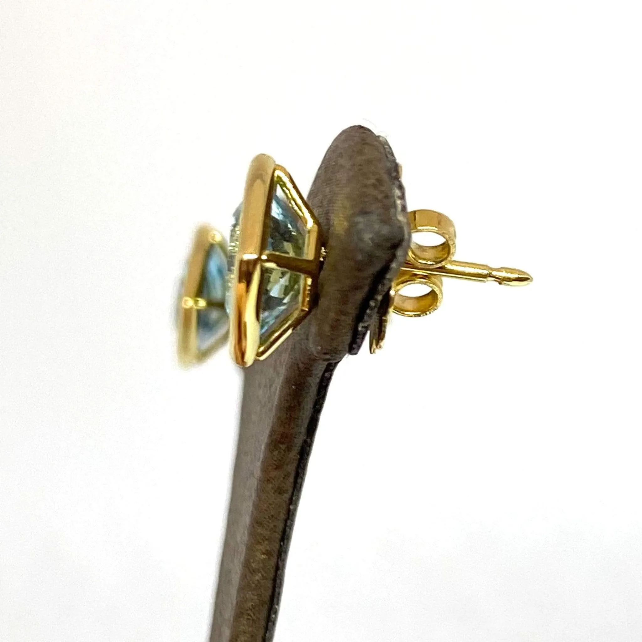 Cushion Blue Topaz Bezel Post Earrings 18K Yellow Gold 3.50 CTW