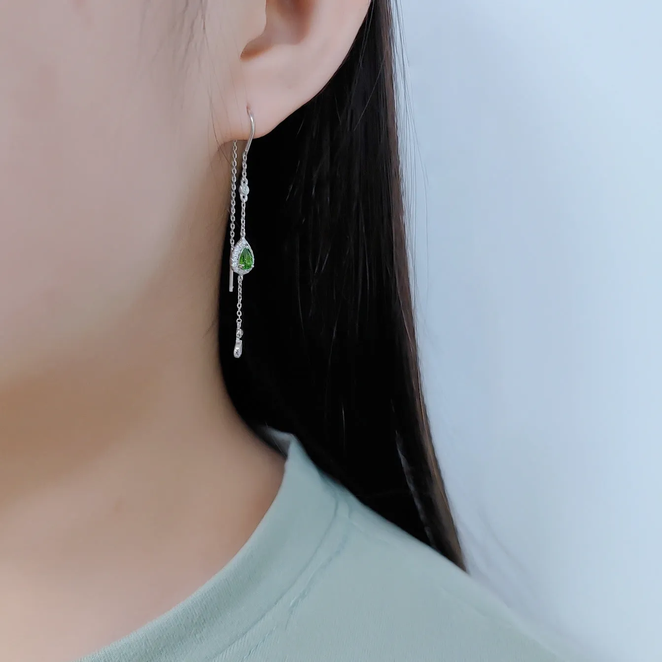 Pear Shape Natural Gemstone Tassel Ear Line Silver Earrings